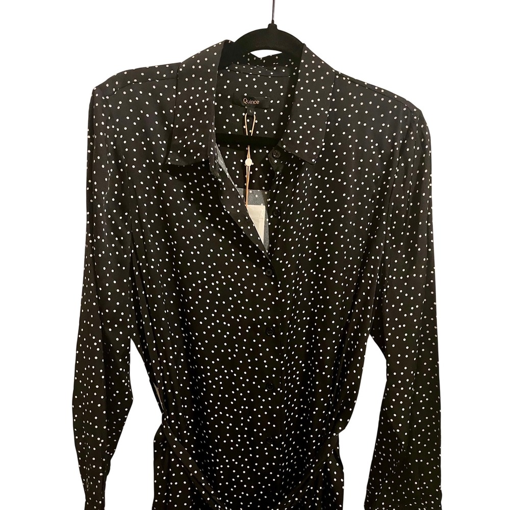 NWT Quince Silk Maxi Shirt Dress Black White Polka Dot Belted Size L - Picture 3 of 10